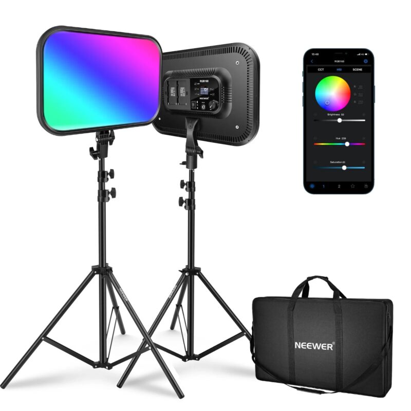 NEEWER 18.3" RGB LED Video Light Panel With App Control Stand Kit 2 Packs, 360° Full Color,60W Dimmable 2500K~8500K RGB168 LED - Image 2