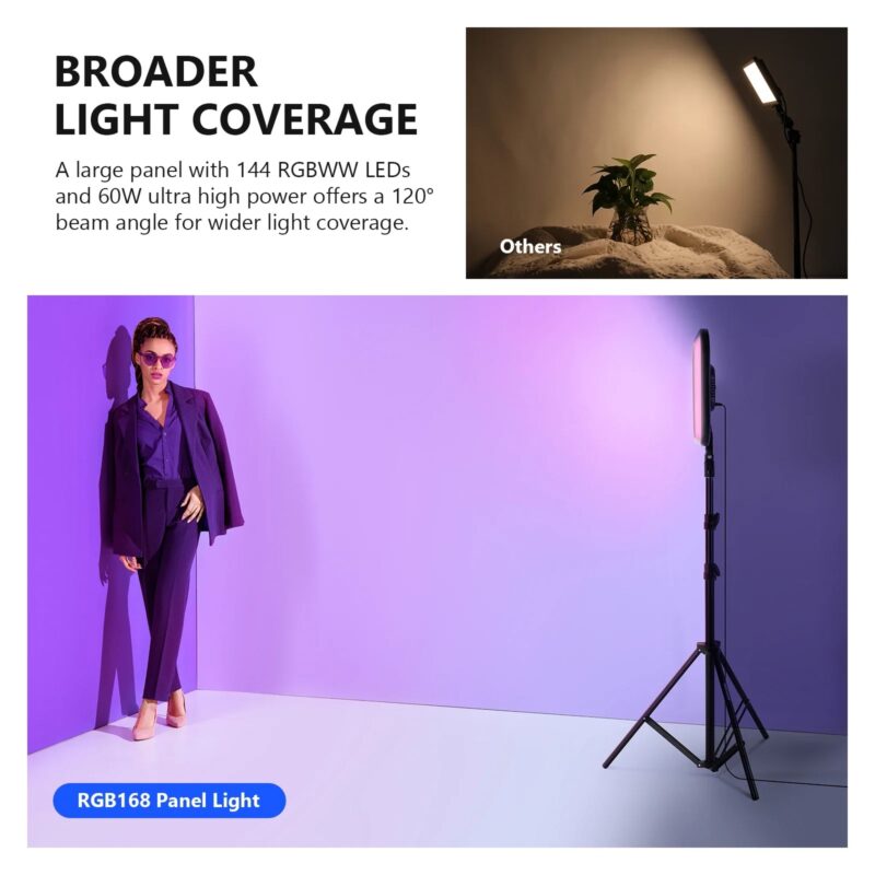 NEEWER 18.3" RGB LED Video Light Panel With App Control Stand Kit 2 Packs, 360° Full Color,60W Dimmable 2500K~8500K RGB168 LED - Image 5