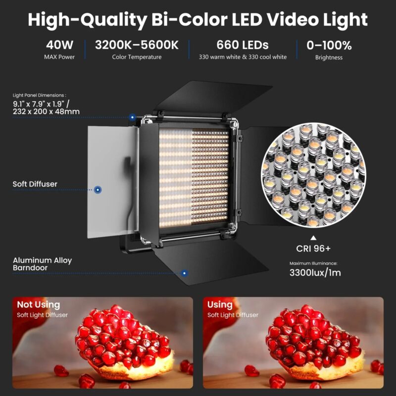 Neewer 2 Pieces Bi-color 660 LED Video Light And Stand Kit Includes:(2)3200-5600K CRI 96+ Dimmable Light With U Bracket Barndoor - Image 3