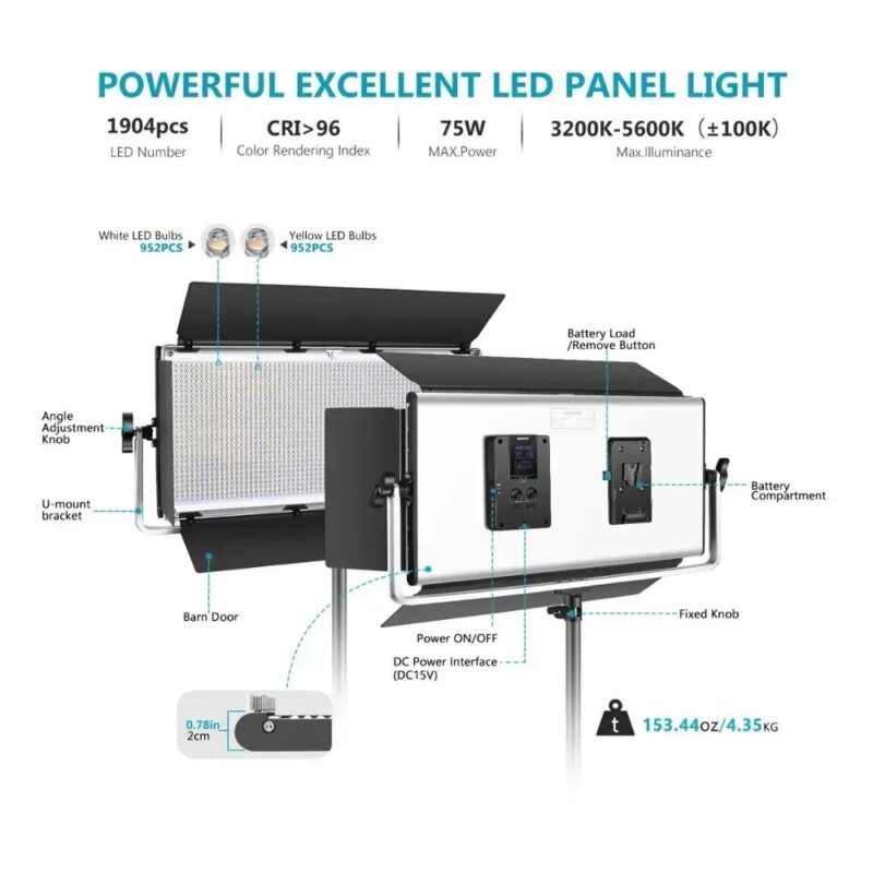 Neewer Advanced 2.4G 1904 LED Video Light,Dimmable Bi-Color LED Panel With LCD Screen,Barndoor And U-Bracket And Wireless Remote - Image 3