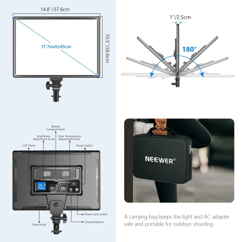 Neewer 288 Large LED Video Light Panel, 45W Bi-color Dimmable LED Light For YouTube Game Video Live Stream Photography - Image 4