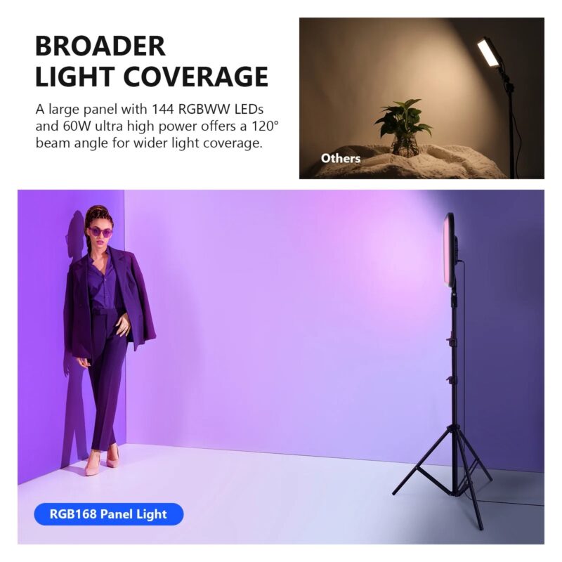 NEEWER RGB168 18.3" LED Video Light Panel With App Control Stand Kit 2 Packs, 360° Full Color 60W Dimmable 2500K-8500K CRI97+ - Image 5