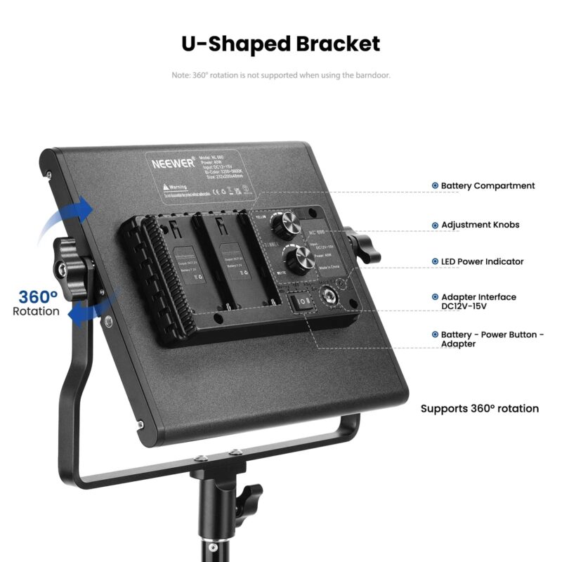 Neewer 2 Pieces Bi-color 660 LED Video Light And Stand Kit Includes:(2)3200-5600K CRI 96+ Dimmable Light With U Bracket Barndoor - Image 5