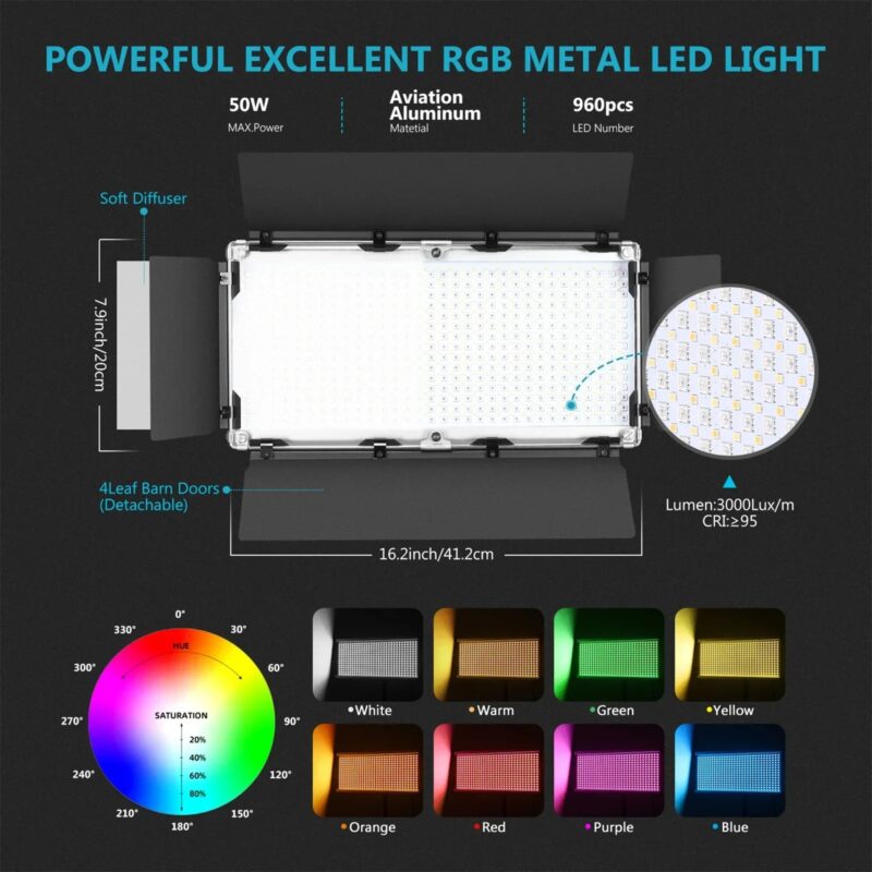 Neewer 660 RGB Led Light With APP Control, 660 SMD LEDs CRI95/3200K-5600K/Brightness 0-100%/0-360 Adjustable Colors/9 Applicable - Image 10