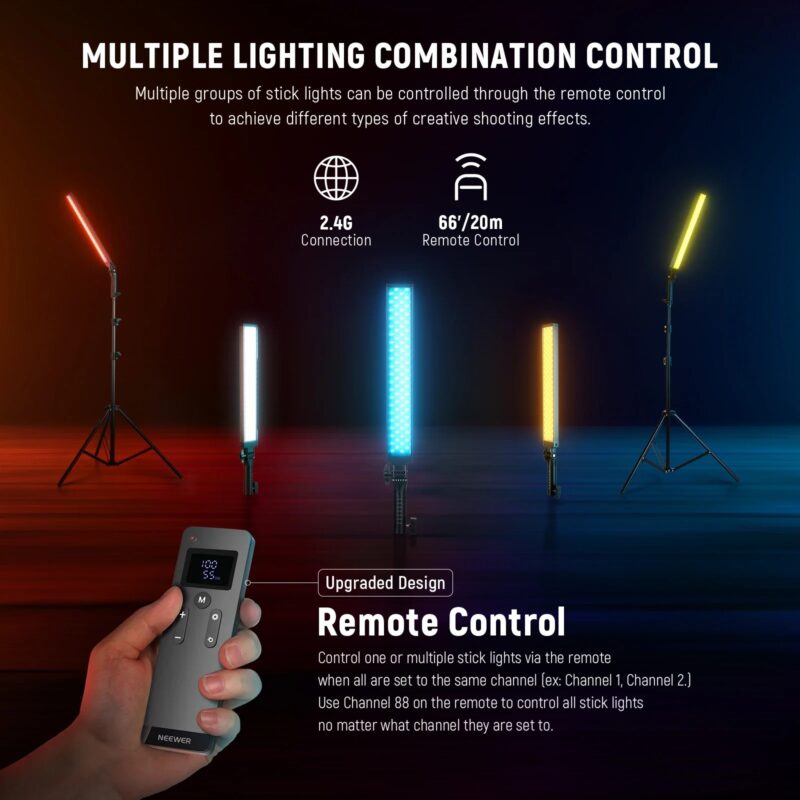 NEEWER Upgraded LED Video Light Stick & 2.4G Remote Kit, 2 Pack Handheld Dimmable 3200K~5600K CRI97+ Video Lights With Stands - Image 5