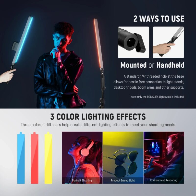 NEEWER Upgraded LED Video Light Stick & 2.4G Remote Kit, 2 Pack Handheld Dimmable 3200K~5600K CRI97+ Video Lights With Stands - Image 6