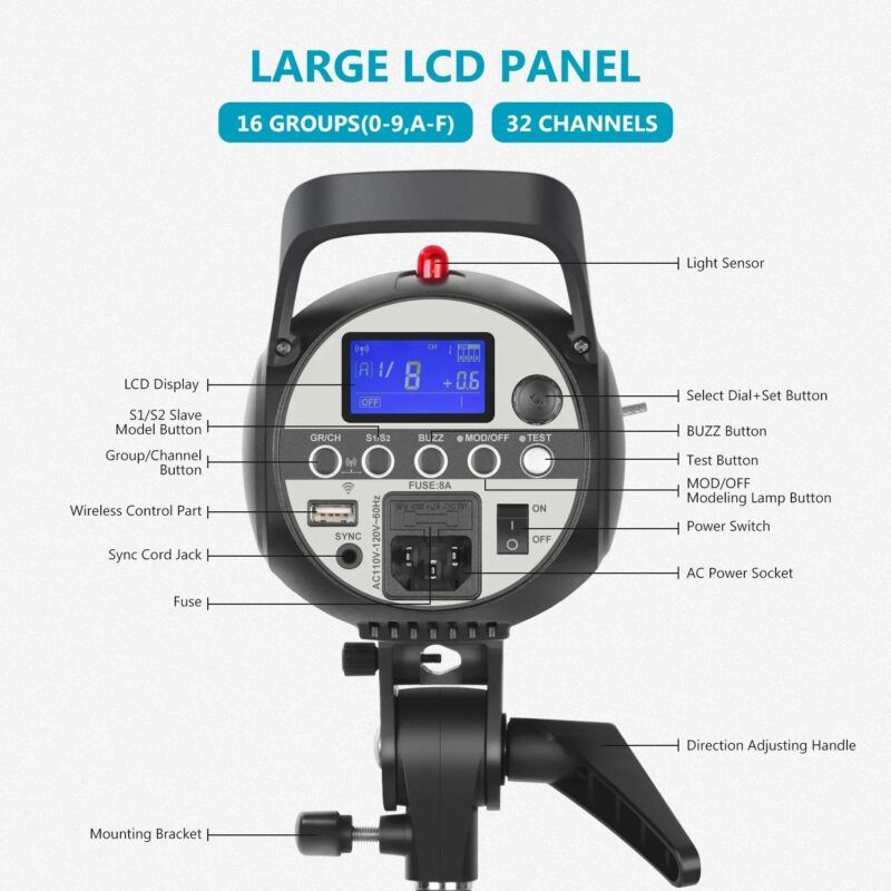 Neewer SK400II Studio Strobe 400W, 2.4G Wireless System GN65 5600K Monolight + Bowens Mount 150W Modeling Lamp Large LCD Panel - Image 6