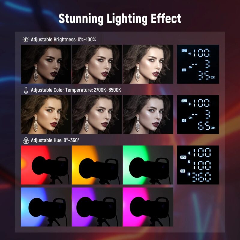 NEEWER LED Video Light Bowens Mount RGB CB60 70W, RGB Full Color 18000 Lux@1m CCT 2700K~6500K CRI 97+ 17 Lighting Scenes App - Image 6